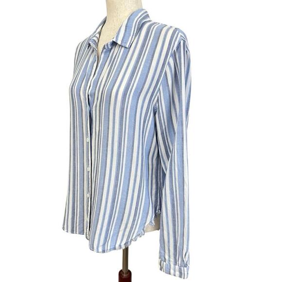 Bella Dahl Linen Blend Fringe Shirt Button Up Women’s Sz M Blue White Stripes - Picture 2 of 9